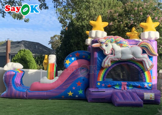 Kastil Goyang Dengan Perosotan Inflatable Unicorn Rumah Bouncing Jumper Perosotan Persewaan Pesta Unicorn Kid Zone Wet Dry Combo