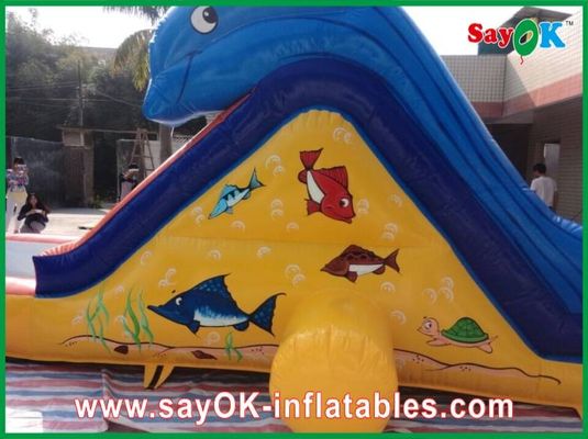 Slip N Slide Samudra Biru Slide Bouncer Inflatable Dengan Tema Hiu Kolam 0.55mm PVC