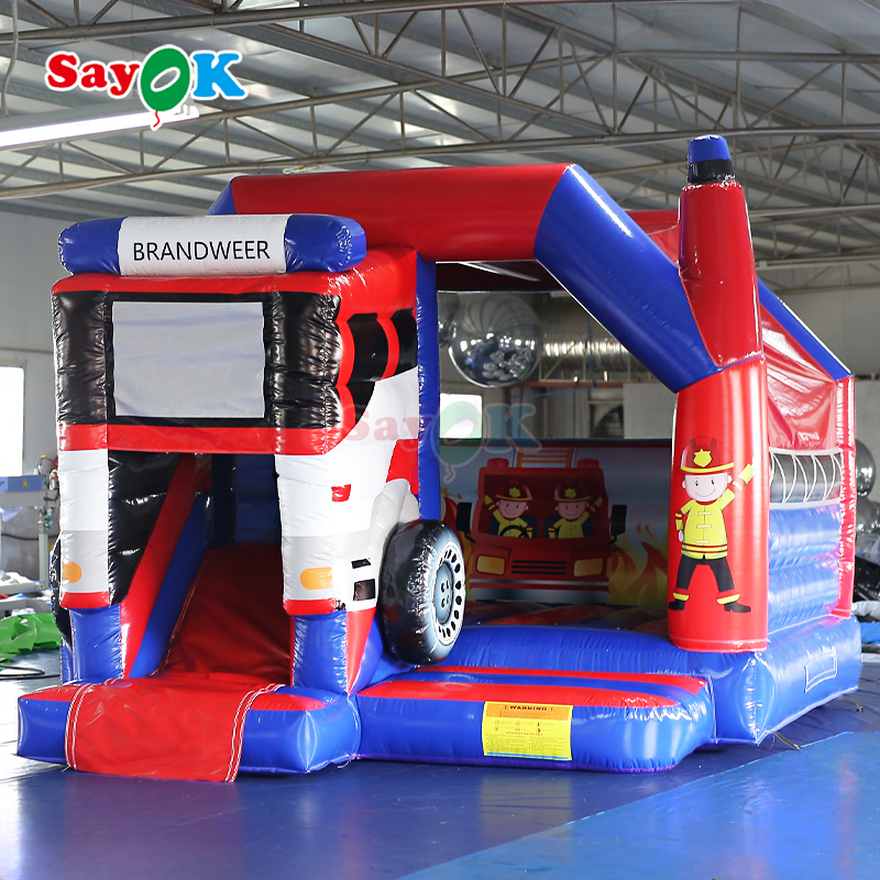 Sayok Brandweer bertema Slide Bounce House Combo Fire Truck Inflatable Bouncy Castle untuk Anak-anak
